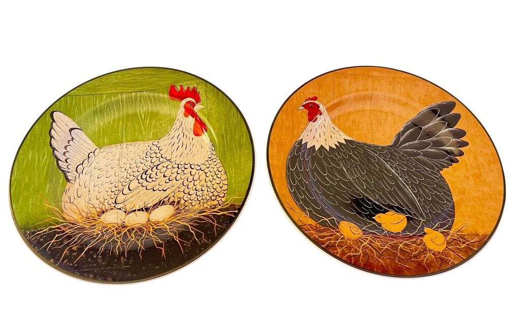 Vintage Warren Kimble Sakura Henny Penny Salad Plates Set of 2 Chicken Hen Folky